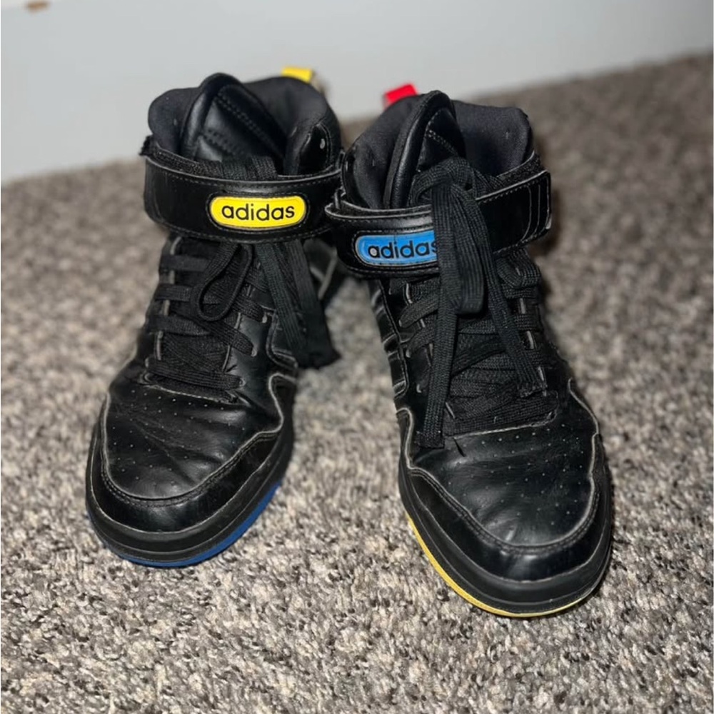 Adidas Kids Black Sneakers with Blue and Yellow Details